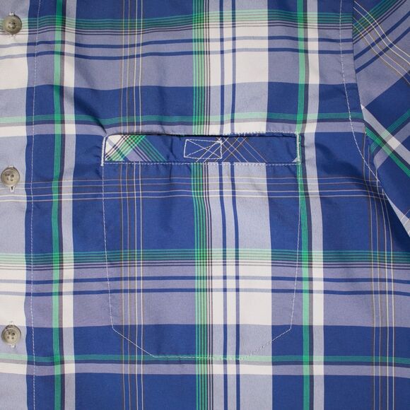 Chaps Ralph Lauren Blue Poly Plaid Short Sleeve Camp Shirt Button Down Men Sz. M - Picture 7 of 9
